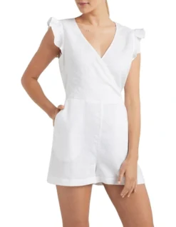 French Connection Linen Frill Sleeve Playsuit White