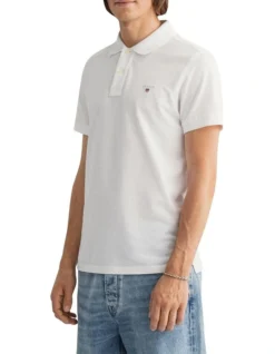 Gant Solid Fitted Pique Short Sleeve Rugger Polo Shirt White