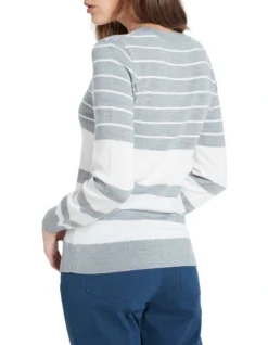 Alyssa Striped Merino Knit Jumper Grey/Ivory -Myer Fashion Store 898553080 3 720x928