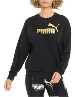 Puma ESS Metallic Logo Crew Sweater Black Gold Foil