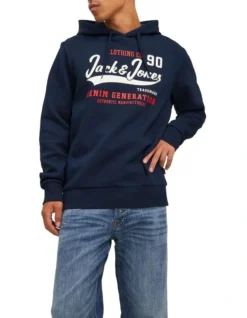 Jack & Jones Logo Sweat Hoodie Jumper In Navy Blazer