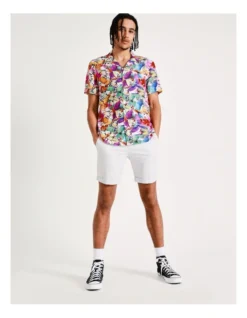 Drunken Birds Print Short Sleeve Rayon Shirt In White