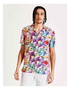 Drunken Birds Print Short Sleeve Rayon Shirt In White -Myer Fashion Store 918082720 3 720x928