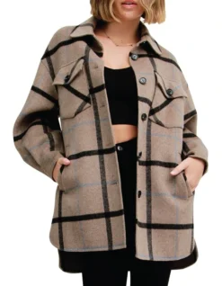 River's Edge Plaid Shacket In Oatmeal Brown