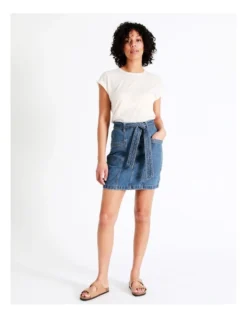 Recycled Blend Belted Denim Skirt In Pool Blue