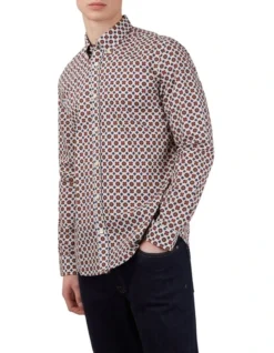 Ben Sherman Foulard Tile Print Long Sleeve Shirt In Claret