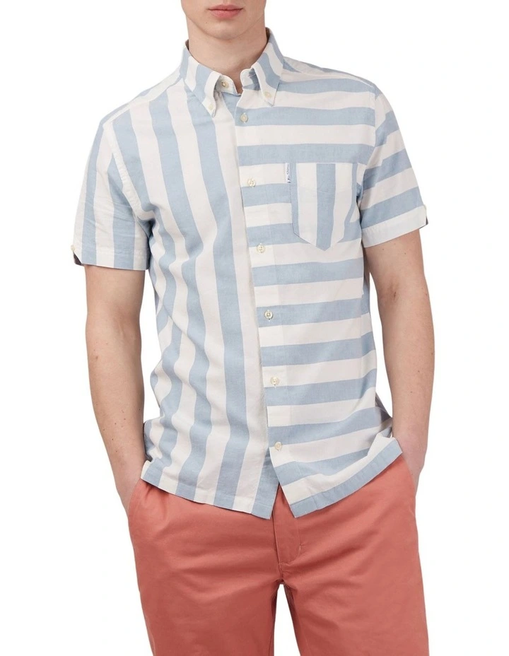Ben Sherman Patchwork Candy Stripe Short Sleeve Shirt In White/Blue 3 Ben Sherman Patchwork Candy Stripe Short Sleeve Shirt In White/Blue