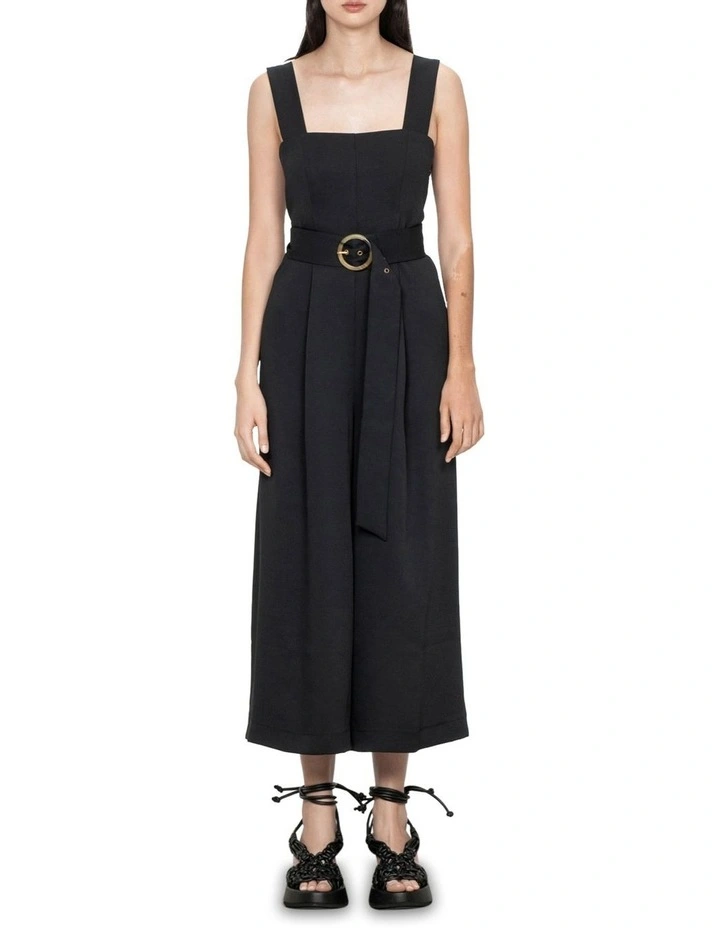Dobby Belted Buckle Jumpsuit In Black 3 Dobby Belted Buckle Jumpsuit In Black