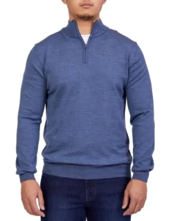 Merino 1/2 Zip Knit In Mid Blue