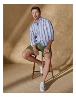 Tailored Linen Blend Stripe Long Sleeve Shirt In Pale Blue -Myer Fashion Store 930762010 2 1 720x928