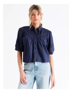 ONLY Esther Short Sleeve Lace Insert Top In Patriot Blue