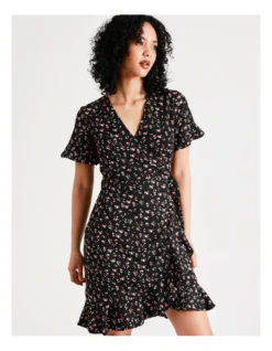 Vero Moda Henna Wrap Frill Dress In Black Olga