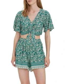 Vero Moda Sana Short Sleeve Knot Top In Green Multi