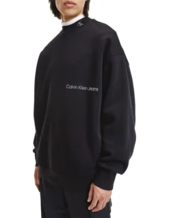 Calvin Klein Jeans Off Placed Institutional Cotton Fleece Sweatshirt In Black