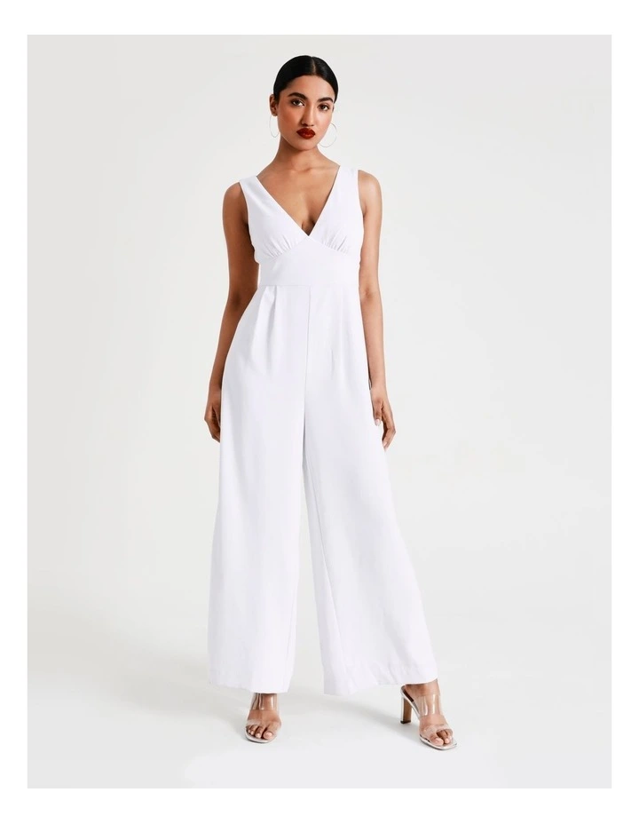 Wide Leg V-Neck Recycled Blend Jumpsuit In White 3 Wide Leg V-Neck Recycled Blend Jumpsuit In White