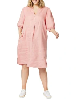 Button Placket Linen Dress In Mango Pink