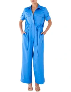 Poplin Cotton Tie Waist Jumpsuit In Blue
