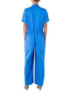 Poplin Cotton Tie Waist Jumpsuit In Blue -Myer Fashion Store 940591720 3 720x928