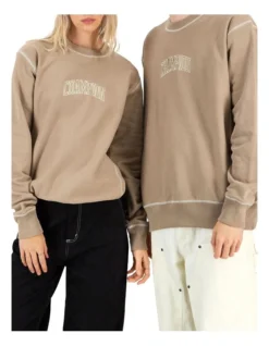 Champion Reverse Weave Contrast Stitch Crew In Dark Khaki