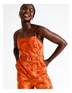 Organic Linen Belted Jumpsuit In Orange Palm -Myer Fashion Store 942228910 2 720x928