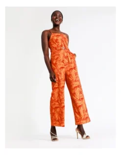 Organic Linen Belted Jumpsuit In Orange Palm -Myer Fashion Store 942228910 4 720x928