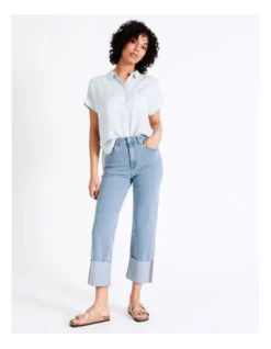 High Waist Turnback Cuff Cropped Jean In Mid Blues