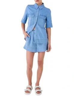 Cotton Linen Denim Short In Indigo Blue