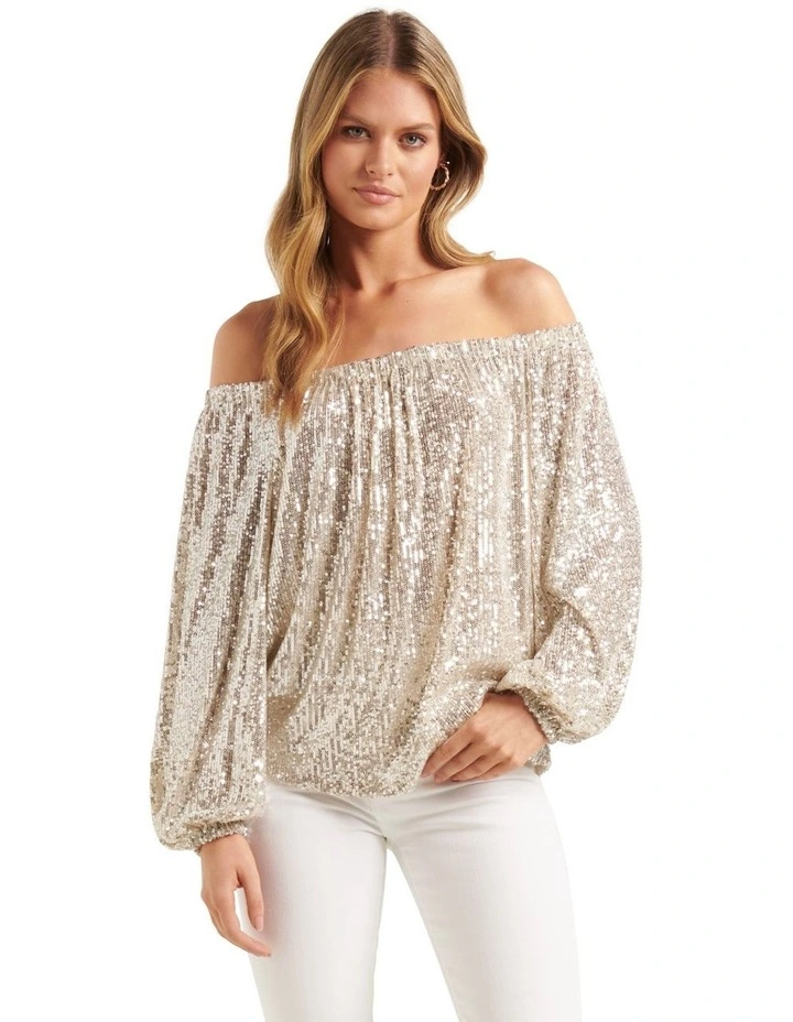 Forever New Chrissy Sequin Bardot Top In Yellow 3 Forever New Chrissy Sequin Bardot Top In Yellow