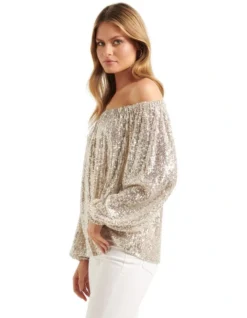 Forever New Chrissy Sequin Bardot Top In Yellow 9 Forever New Chrissy Sequin Bardot Top In Yellow -Myer Fashion Store 952194340 952243840 3 720x928