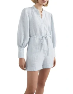 French Connection Linen Stripe Playsuit In Smoke Blue