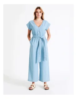Organic Short Sleeve Chambray Jumpsuit In Mineral Blue