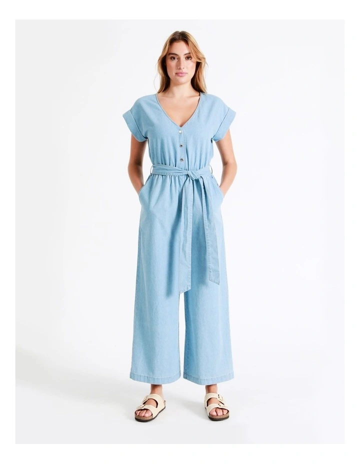 Organic Short Sleeve Chambray Jumpsuit In Mineral Blue 3 Organic Short Sleeve Chambray Jumpsuit In Mineral Blue