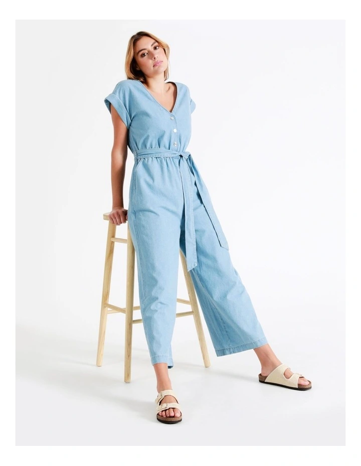 Organic Short Sleeve Chambray Jumpsuit In Mineral Blue 4 Organic Short Sleeve Chambray Jumpsuit In Mineral Blue - Image 2