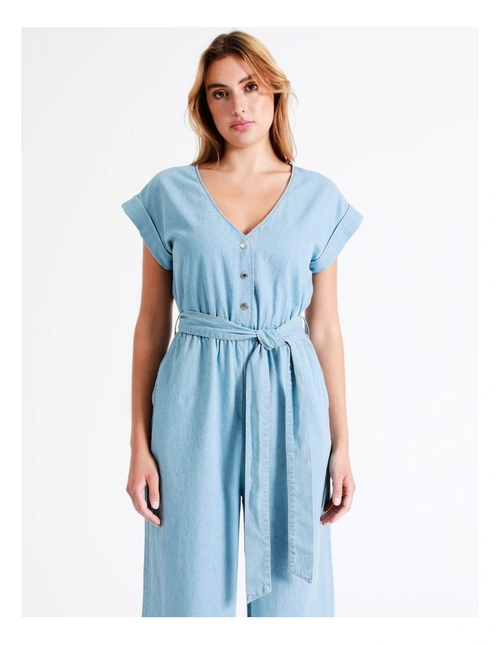 Organic Short Sleeve Chambray Jumpsuit In Mineral Blue 5 Organic Short Sleeve Chambray Jumpsuit In Mineral Blue - Image 3