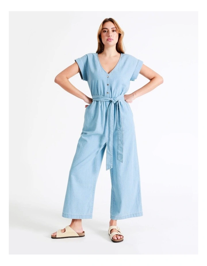 Organic Short Sleeve Chambray Jumpsuit In Mineral Blue 6 Organic Short Sleeve Chambray Jumpsuit In Mineral Blue - Image 4