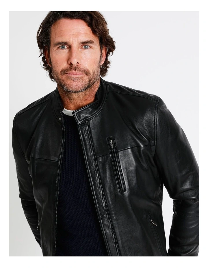 Hindley Stand Collar Leather Jacket In Black 3 Hindley Stand Collar Leather Jacket In Black