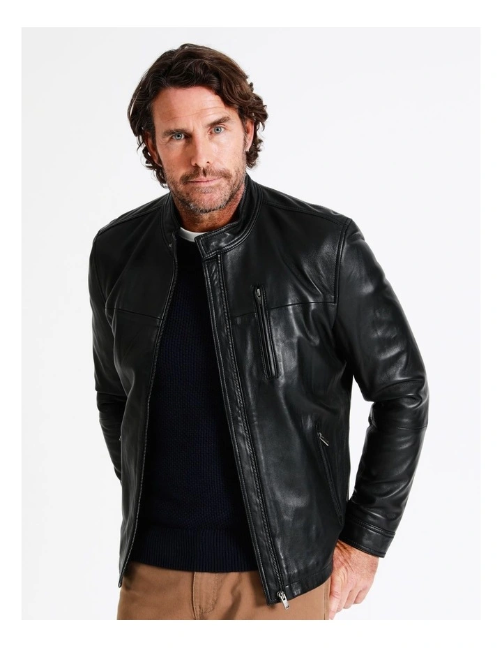 Hindley Stand Collar Leather Jacket In Black 7 Hindley Stand Collar Leather Jacket In Black - Image 5