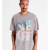 Cosmos Collage Placement Print Oversized Acid Wash Short Sleeve Tee In Grey