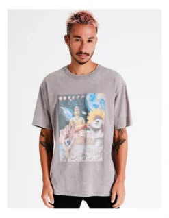 Cosmos Collage Placement Print Oversized Acid Wash Short Sleeve Tee In Grey