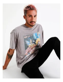 Cosmos Collage Placement Print Oversized Acid Wash Short Sleeve Tee In Grey -Myer Fashion Store 960254920 7 720x928