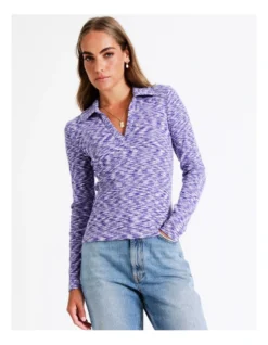 ONLY Amia Long Sleeve Polo Top In Deep Blue