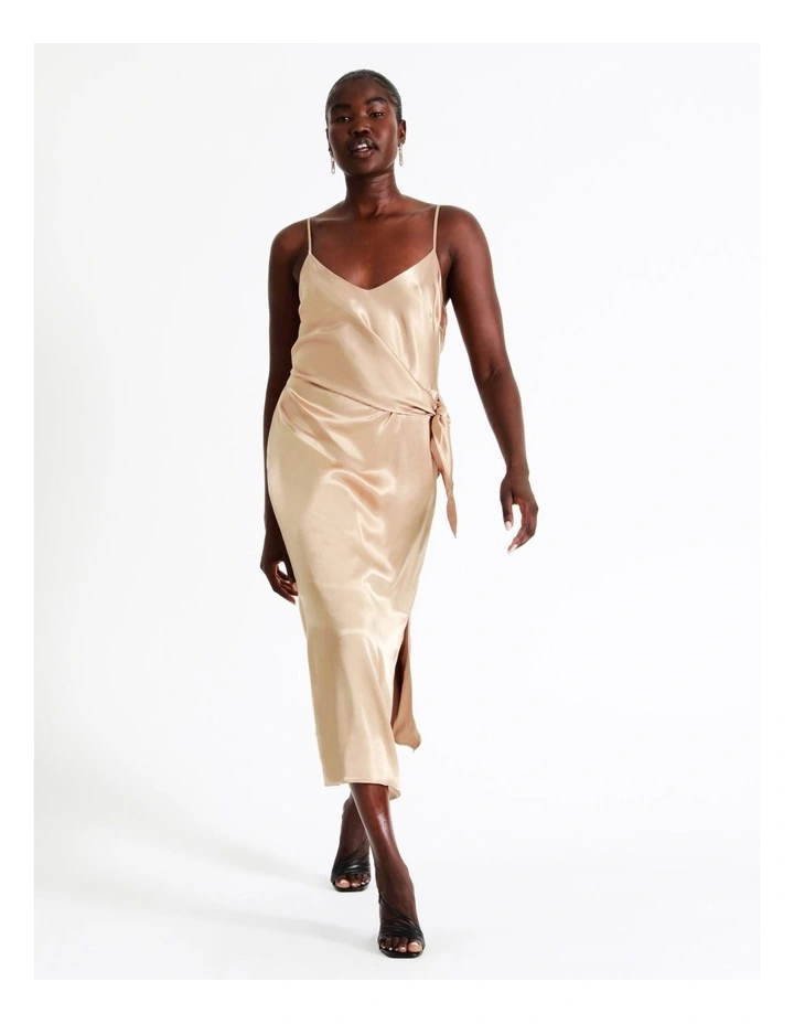 Midi Tie Front Satin Slip Dress In Champagne 3 Midi Tie Front Satin Slip Dress In Champagne