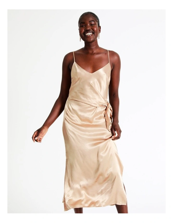 Midi Tie Front Satin Slip Dress In Champagne 4 Midi Tie Front Satin Slip Dress In Champagne - Image 2