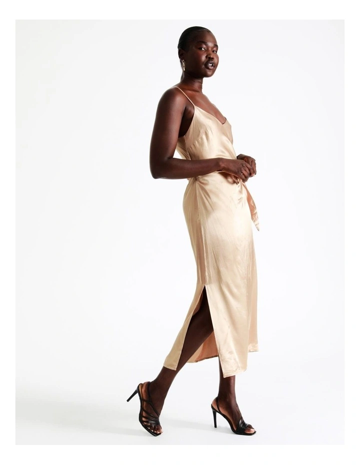 Midi Tie Front Satin Slip Dress In Champagne 6 Midi Tie Front Satin Slip Dress In Champagne - Image 4