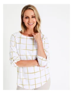 Regatta Sustainable Viscose Blend 3/4 Tie Sleeve Curved Hem Top In White/Citrus Check -Myer Fashion Store 963427600 3 720x928