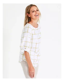 Regatta Sustainable Viscose Blend 3/4 Tie Sleeve Curved Hem Top In White/Citrus Check -Myer Fashion Store 963427600 4 720x928