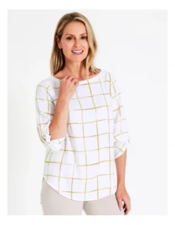 Regatta Sustainable Viscose Blend 3/4 Tie Sleeve Curved Hem Top In White/Citrus Check -Myer Fashion Store 963427600 5 720x928