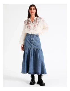 Denim Gathered Midi Skirt In Denim