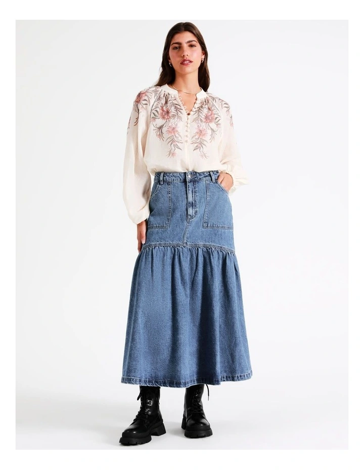 Denim Gathered Midi Skirt In Denim 9 Denim Gathered Midi Skirt In Denim - Image 7