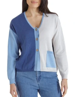 Long Sleeve Block Cardigan In Blue